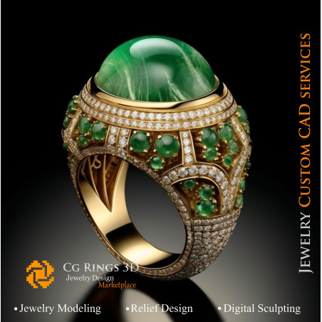 Ring With Emerald and Diamonds - 3D CAD Jewelry