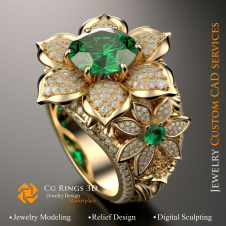 Flower Ring with Emerald and Diamonds - 3D CAD Jewelry