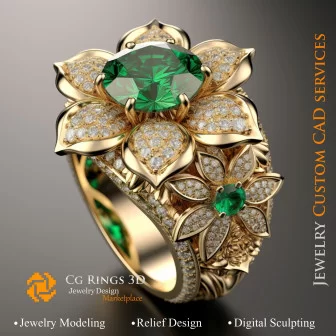 Flower Ring with Emerald and Diamonds - 3D CAD Jewelry Home, AI - Jewelry 3D CAD , AI - Rings 3D CAD 