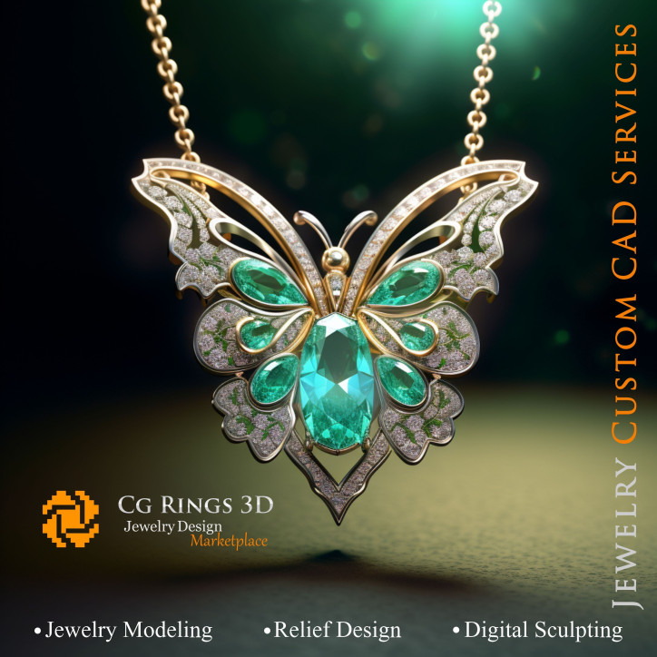 Butterfly Pendant with Emeralds and Diamonds - 3D CAD Jewelry