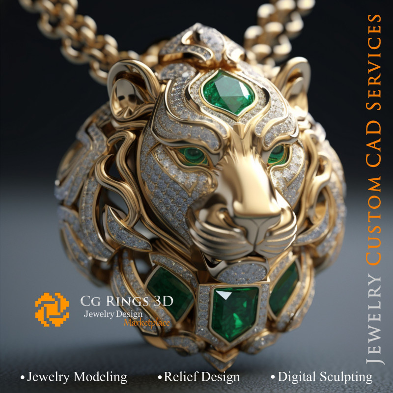 Lion Pendant with Emerald and Diamonds - 3D CAD Jewelry Home, AI - Jewelry 3D CAD , AI - Pendants 3D CAD 