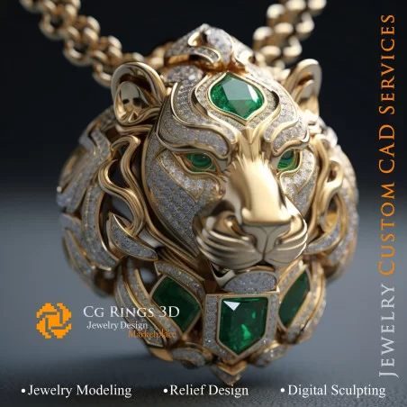 Lion Pendant with Emerald and Diamonds - 3D CAD Jewelry Home, AI - Jewelry 3D CAD , AI - Pendants 3D CAD 