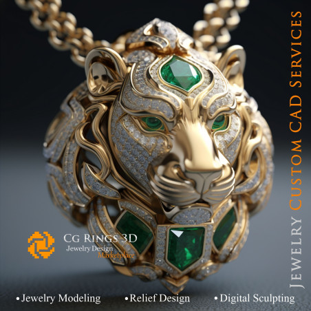 Pendentif Lion avec Émeraude et Diamants - Bijoux 3D CAO