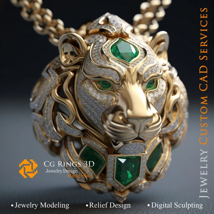 Pendentif Lion avec Émeraude et Diamants - Bijoux 3D CAO