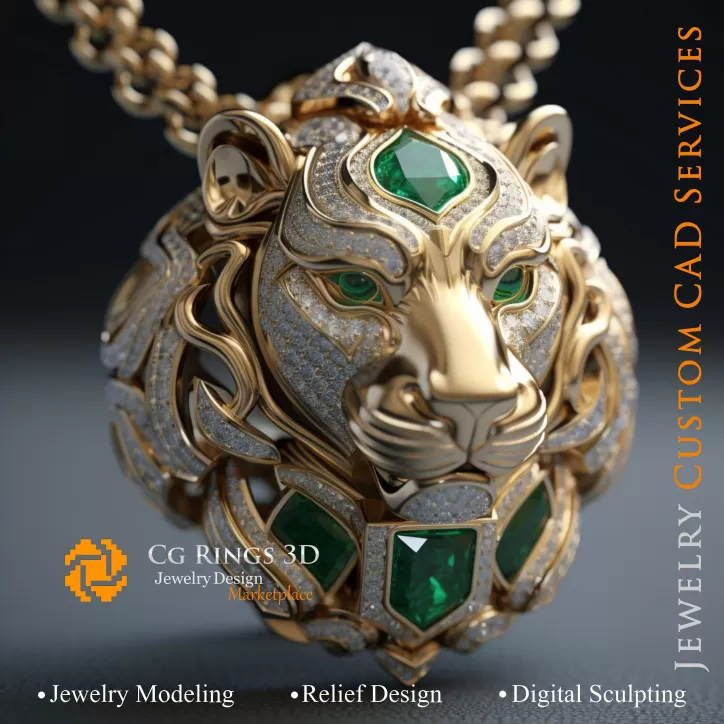 Pendentif Lion avec Émeraude et Diamants - CAO Bijoux 3D