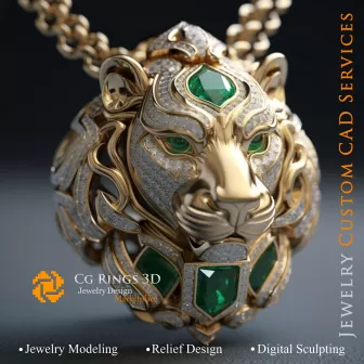 Colgante de león con esmeralda y diamantes - CAD 3D de joyería para el hogar, IA - CAD 3D de joyería, IA - CAD 3D de colgantes