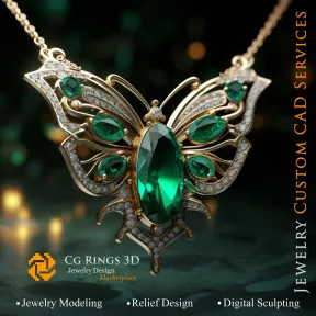 Butterfly Pendant with Emeralds and Diamonds - 3D CAD Jewelry Home, AI - Jewelry 3D CAD , AI - Pendants 3D CAD 