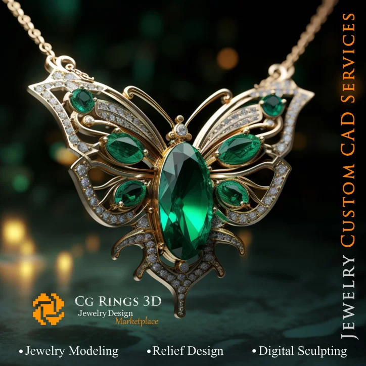 Butterfly Pendant with Emeralds and Diamonds - 3D CAD Jewelry