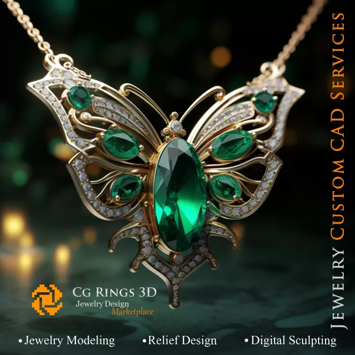 Schmetterlingsanhänger mit Smaragden und Diamanten - 3D-CAD-Schmuck Schmetterlingsanhänger mit Smaragden und Diamanten - 3D-CAD-Schmuck