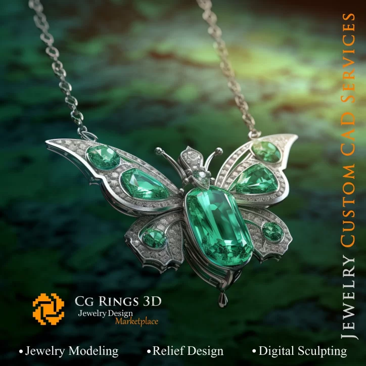 Pendentif Papillon avec émeraudes et diamants - Bijoux 3D CAO