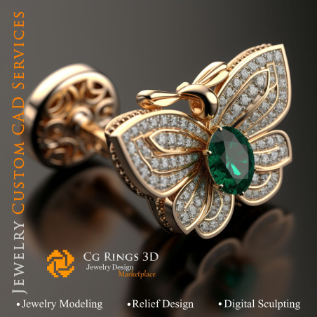 Butterfly Cufflinks with Emeralds and Diamonds - 3D CAD Jewelry Home, AI - Jewelry 3D CAD , AI - Cufflinks 3D CAD 