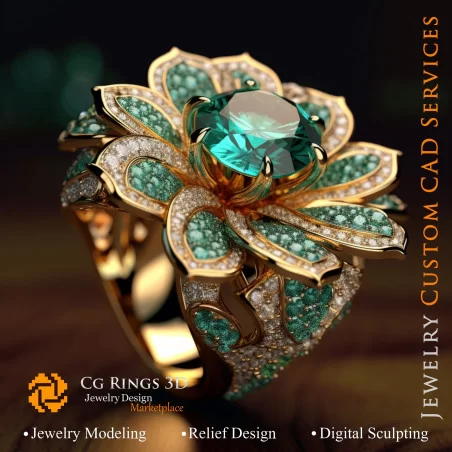 Flower Ring with Emerald and Diamonds - 3D CAD Jewelry Home, AI - Jewelry 3D CAD , AI - Rings 3D CAD 