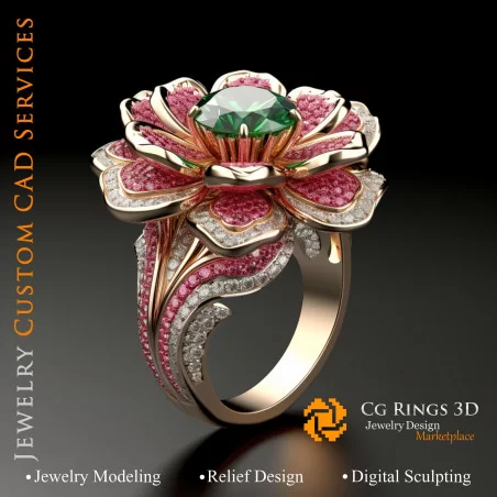 Flower Ring with Rubin,Emerald and Diamonds - 3D CAD Jewelry Home, AI - Jewelry 3D CAD , AI - Rings 3D CAD 