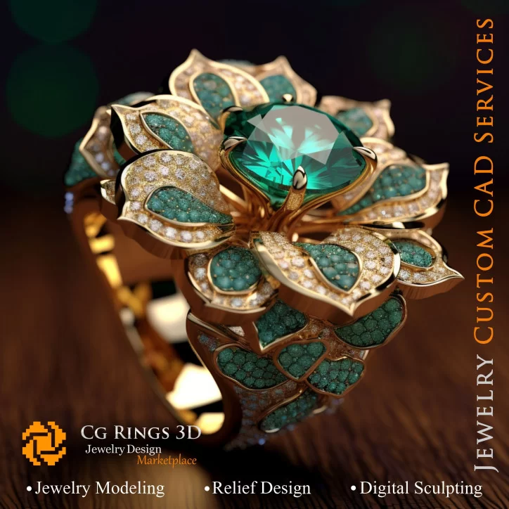 Flower Ring with Emerald and Diamonds - 3D CAD Jewelry