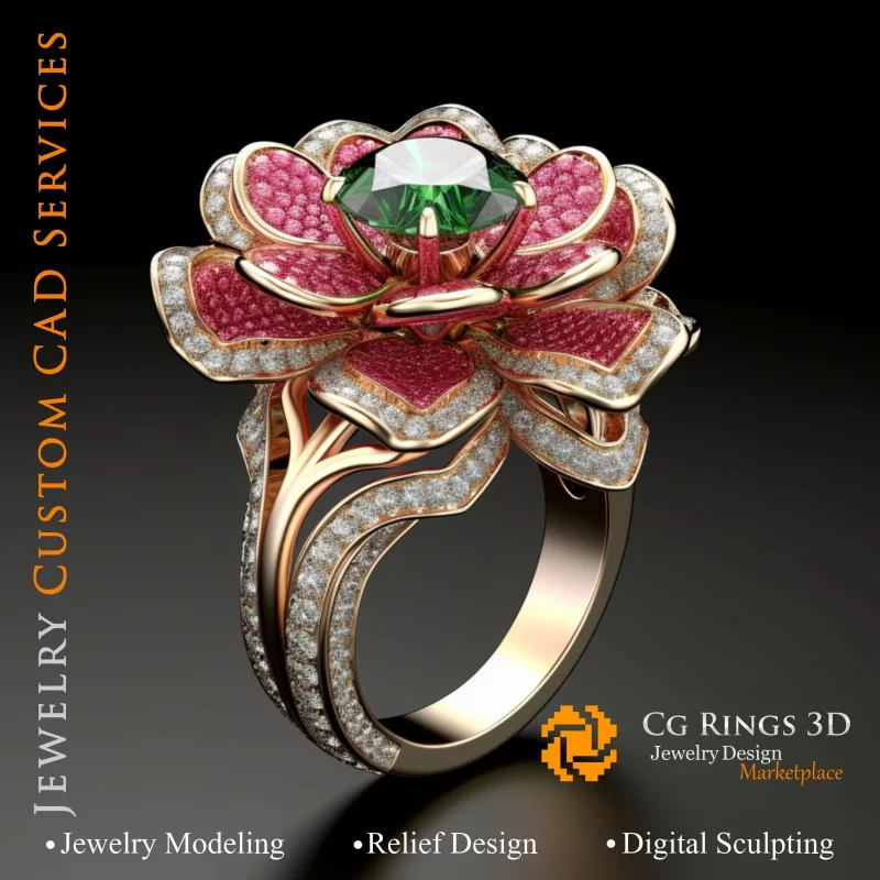 Bague Fleur avec rubis,émeraude et diamants - Bijoux 3D CAO Home, AI - Bijoux 3D CAO, AI - Anneaux 3D CAO 