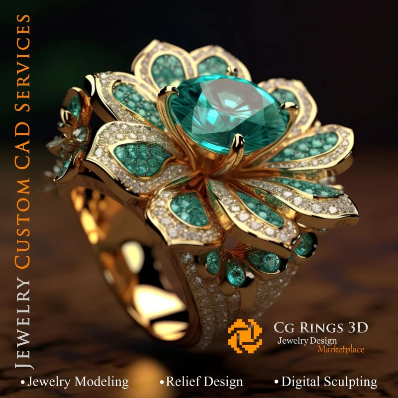 Flower Ring with Emerald and Diamonds - 3D CAD Jewelry Home, AI - Jewelry 3D CAD , AI - Rings 3D CAD 