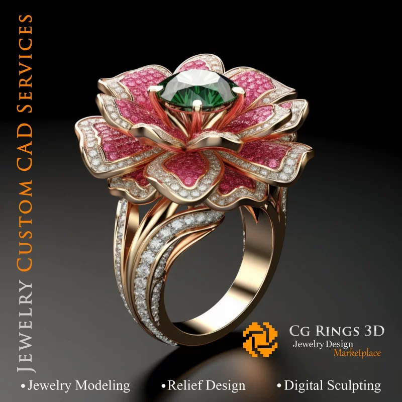 Bague Fleur avec Rubis, émeraude et diamants - Bijoux CAO 3D Home, AI - Bijoux 3D CAO, AI - Anneaux 3D CAO 