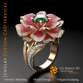 Anillo Flor con Rubí, Esmeralda y Diamantes - CAD 3D de Joyería, IA - Anillos CAD 3D