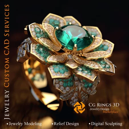 Flower Ring with Emerald and Diamonds - 3D CAD Jewelry Home, AI - Jewelry 3D CAD , AI - Rings 3D CAD 