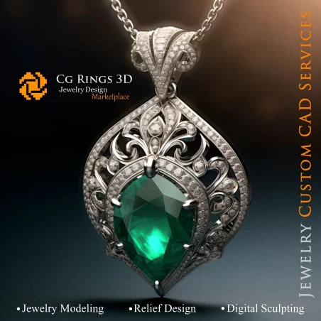 Pendant with Emerald and Diamonds - 3D CAD Jewelry Home, AI - Jewelry 3D CAD , AI - Pendants 3D CAD 