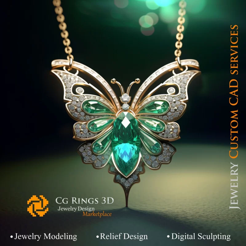 Pendentif Papillon avec émeraudes et diamants - Bijoux 3D CAO Home, AI - Bijoux 3D CAO, AI - Pendentifs 3D CAO