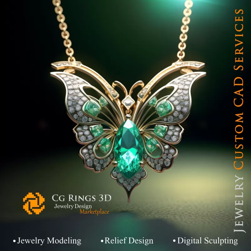Colgante mariposa con esmeraldas y diamantes - CAD 3D Joyería Colgante mariposa con esmeraldas y diamantes - CAD 3D Joyería