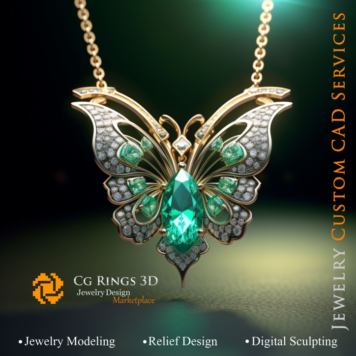 Butterfly Pendant with Emeralds and Diamonds - 3D CAD Jewelry