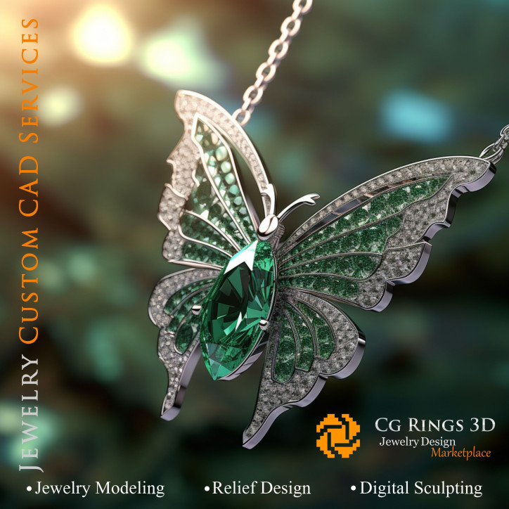 Butterfly Pendant with Emeralds and Diamonds - 3D CAD Jewelry