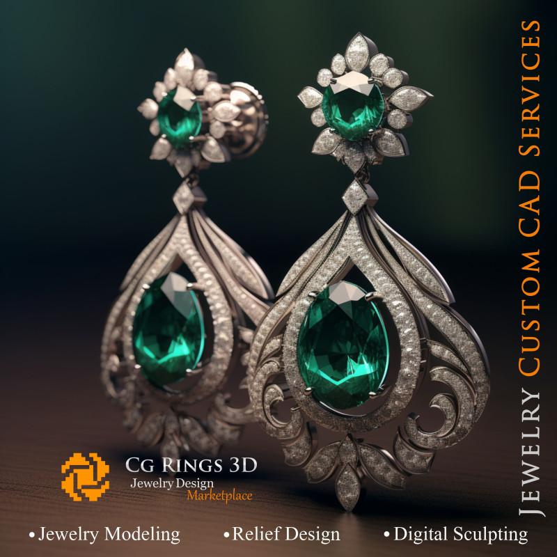 Boucles d'oreilles avec émeraudes et diamants - Bijoux 3D CAD