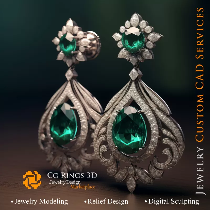 Pendientes con Esmeraldas y Diamantes - CAD 3D de Joyería