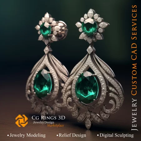 Earrings with Emeralds and Diamonds - Jewelry 3D CAD Home, AI - Jewelry 3D CAD , AI - Earrings 3D CAD