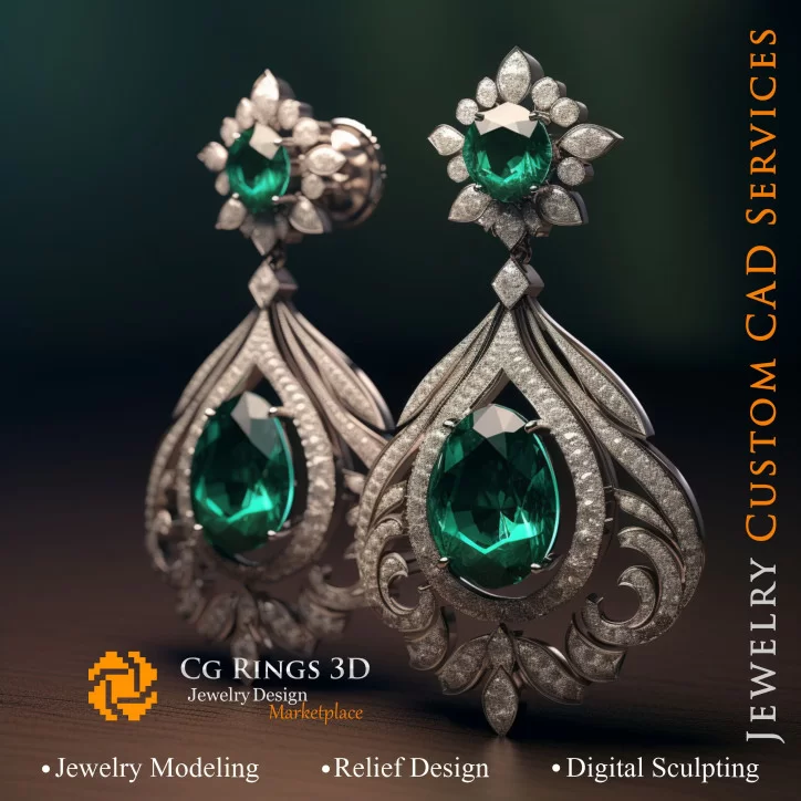 Boucles d'oreilles avec émeraudes et diamants - Bijoux 3D CAD