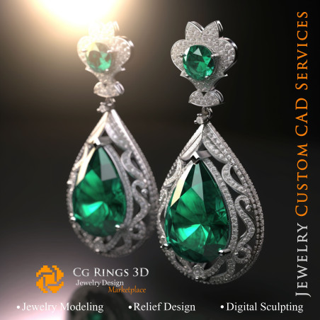 Earrings with Emeralds and Diamonds - Jewelry 3D CAD Home, AI - Jewelry 3D CAD , AI - Earrings 3D CAD