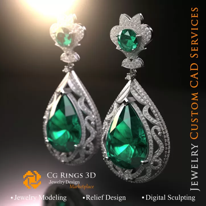 Ohrringe mit Smaragden und Diamanten - Jewelry 3D CAD Ohrringe mit Smaragden und Diamanten - Jewelry 3D CAD