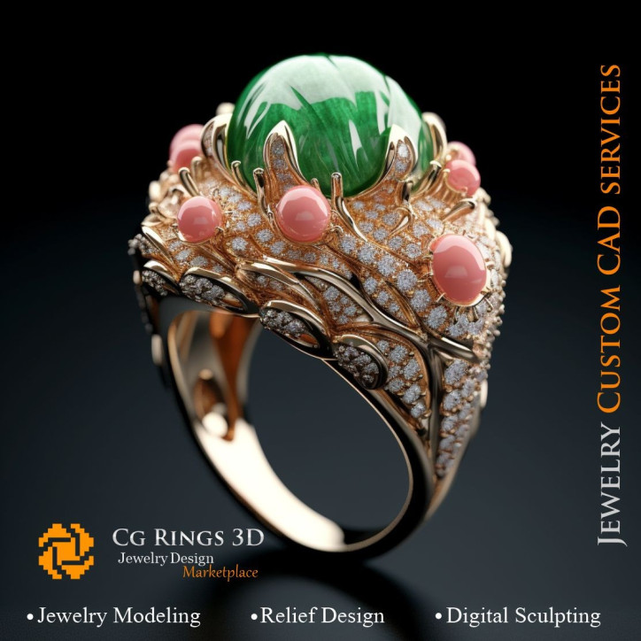 Ring Coral with Emerald,Coral and Diamonds - 3D CAD Jewelry