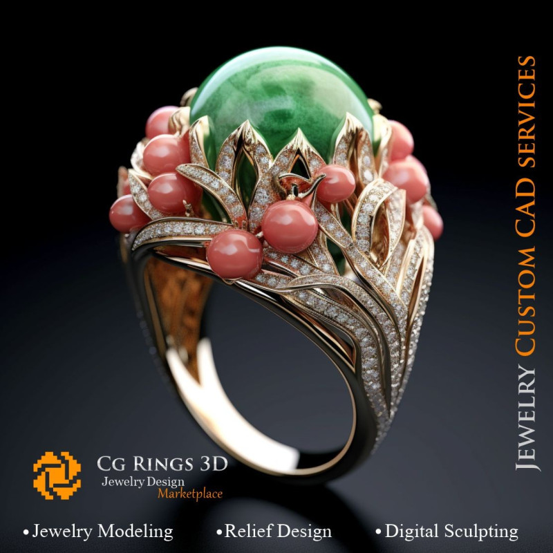 Ring Coral with Emerald,Coral and Diamonds - 3D CAD Jewelry Home, AI - Jewelry 3D CAD , AI - Rings 3D CAD 