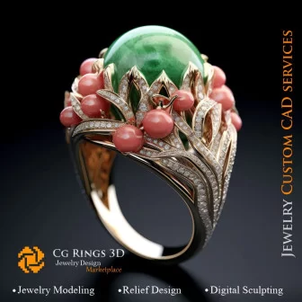 Anillo Coral con Esmeralda, Coral y Diamantes - CAD 3D de Joyería, IA - CAD 3D de Joyería, IA - Anillos CAD 3D