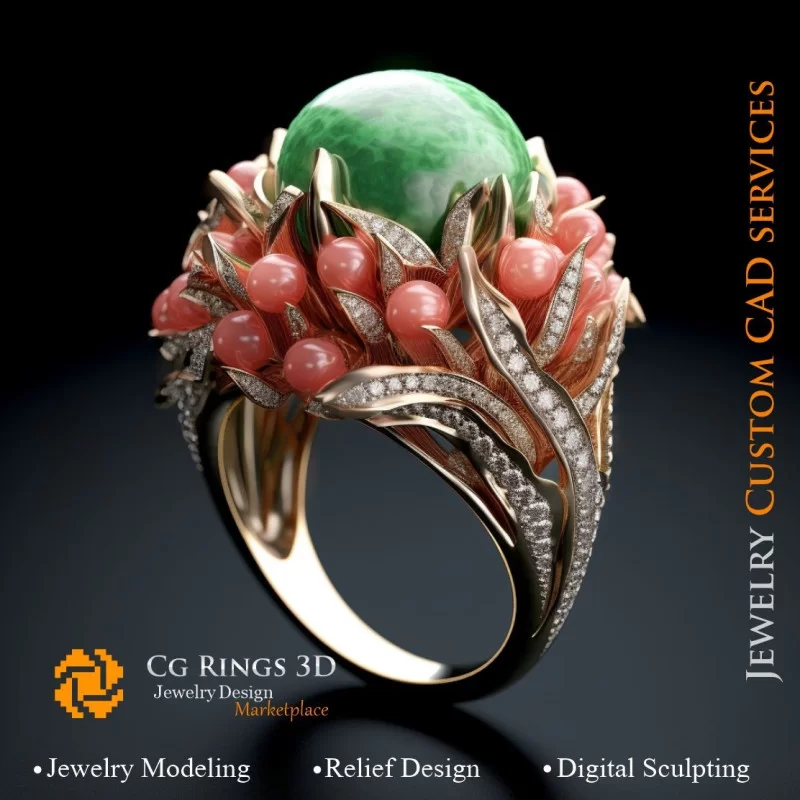 Anillo Coral con Esmeralda, Coral y Diamantes - CAD 3D Joyería