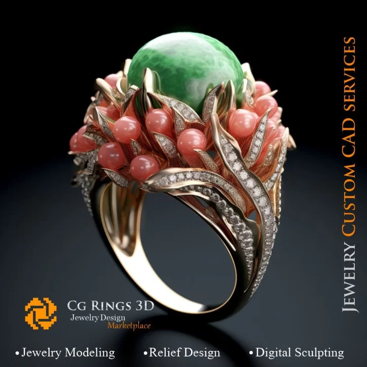 Bague Corail avec Émeraude,Corail et Diamants - Bijoux 3D CAO