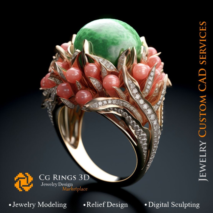 Ring Coral with Emerald,Coral and Diamonds - 3D CAD Jewelry