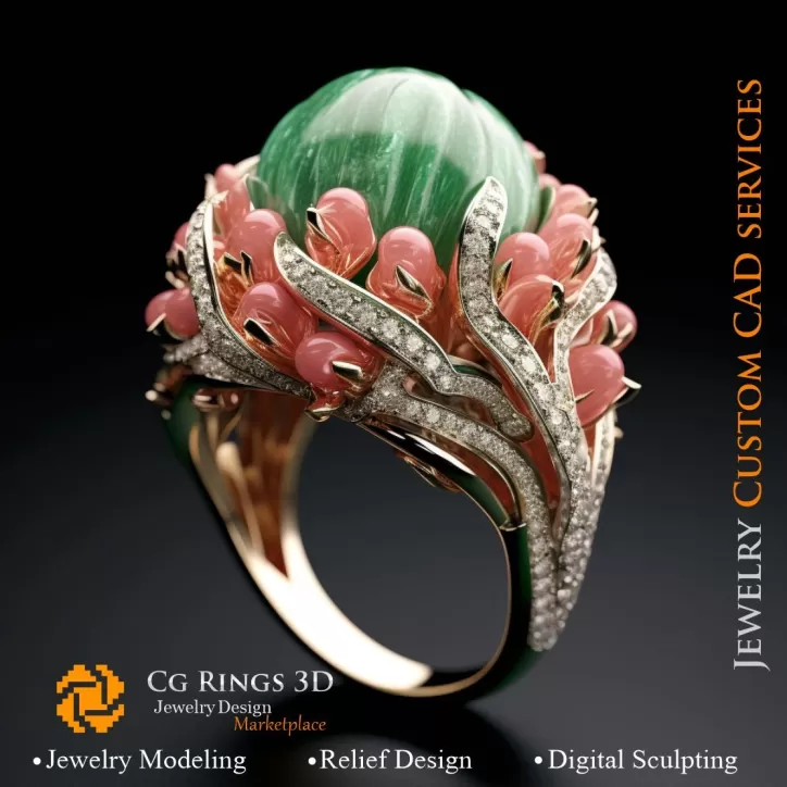 Ring Koralle mit Smaragd, Koralle und Diamanten - 3D CAD Schmuck