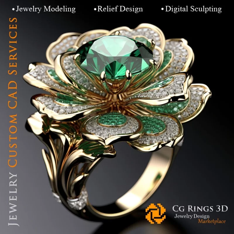 Flower Ring with Emerald and Diamonds - 3D CAD Jewelry Home, AI - Jewelry 3D CAD , AI - Rings 3D CAD 