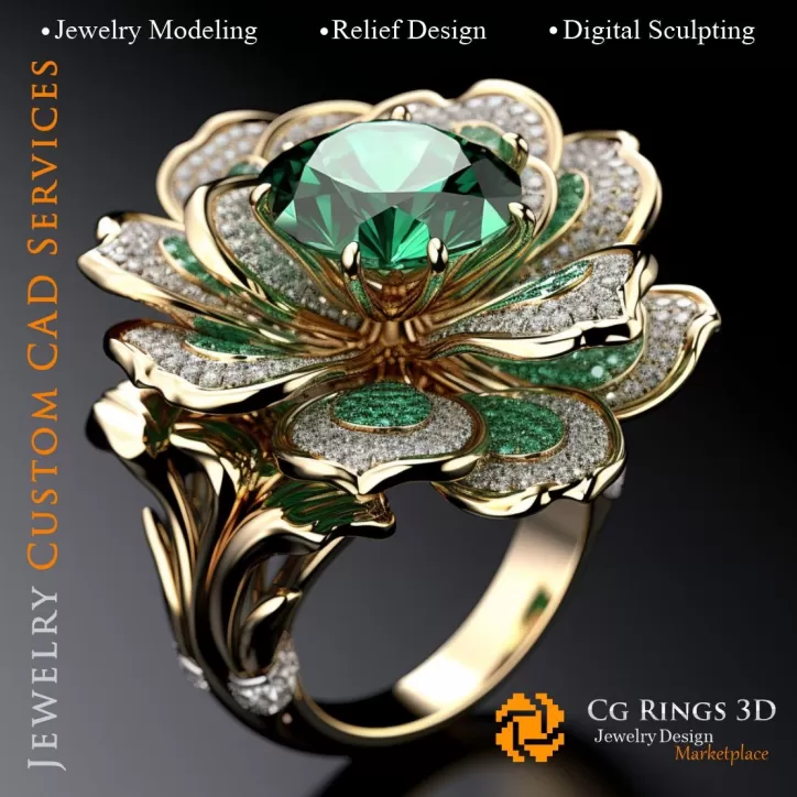 Blumenring mit Smaragd und Diamanten - 3D-CAD-Schmuck