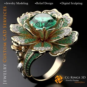 Anillo Flor con Esmeralda y Diamantes - CAD 3D Joyería, IA - Joyería CAD 3D, IA - Anillos CAD 3D