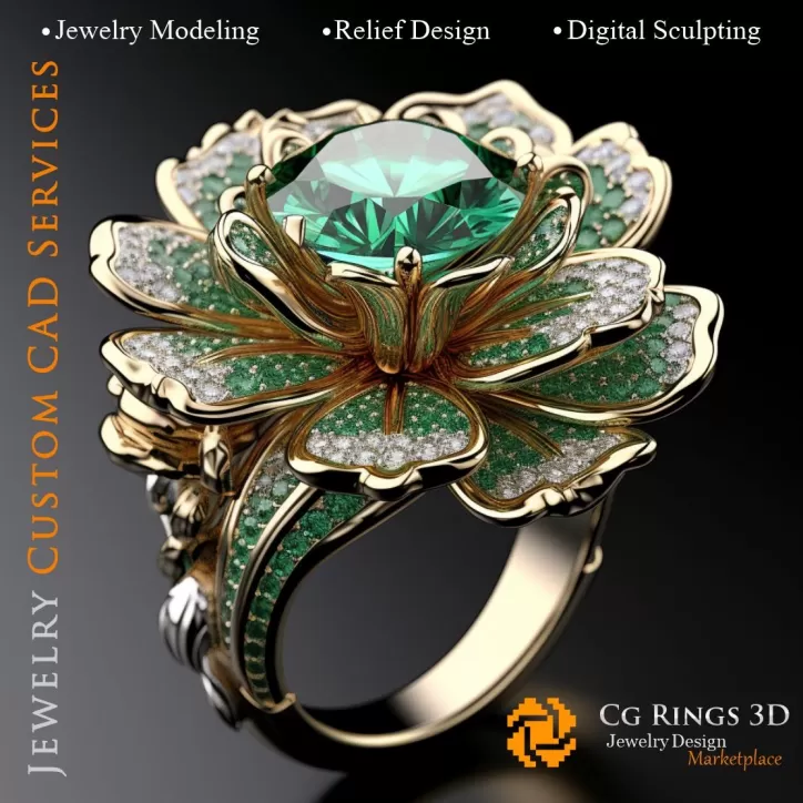 Anello a fiore con smeraldo e diamanti - 3D CAD Gioielleria Anello a fiore con smeraldo e diamanti - 3D CAD Gioielleria