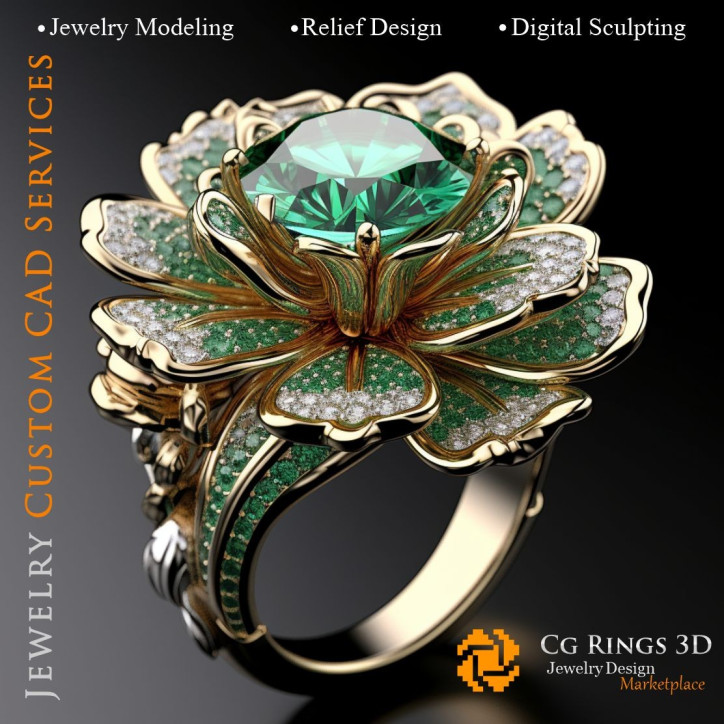 Flower Ring with Emerald and Diamonds - 3D CAD Jewelry