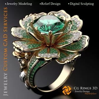 Blumenring mit Smaragd und Diamanten - 3D-CAD-Schmuck Home, KI - Schmuck 3D-CAD, KI - Ringe 3D-CAD