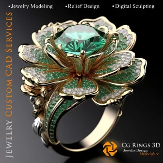 Flower Ring with Emerald and Diamonds - 3D CAD Jewelry Home, AI - Jewelry 3D CAD , AI - Rings 3D CAD 