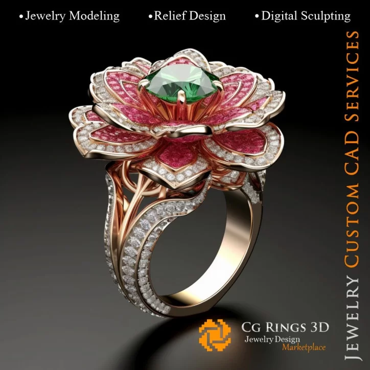 Flower Ring with Rubin,Emerald and Diamonds - 3D CAD Jewelry