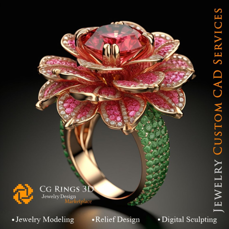 Flower Ring with Rubin,Emerald and Diamonds - 3D CAD Jewelry Home, AI - Jewelry 3D CAD , AI - Rings 3D CAD 